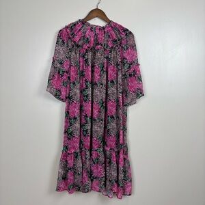 Piper & Scoot Dress Womens Small Black Pink Floral Ruffle Tiered Lined Oversized